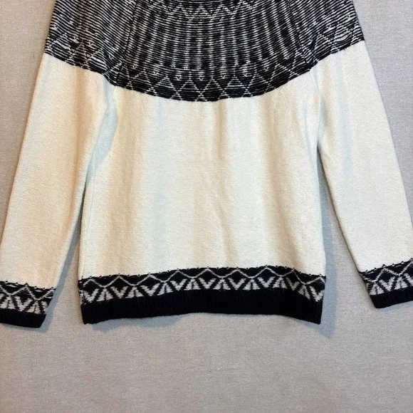 Talbots Womens Crewneck Sweater Large Fuzzy‎ Fair Isle Wool Blend Ivory Black - Picture 3 of 8